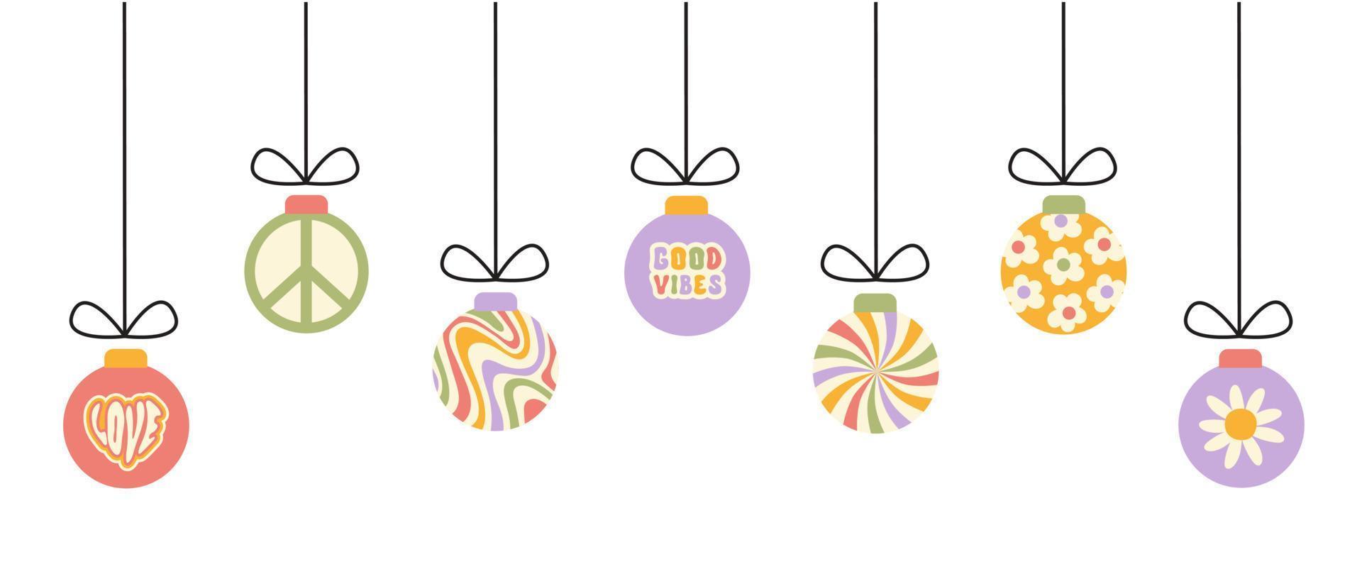 banner horizontal retro con bolas de Navidad maravillosas colgantes aisladas en un fondo blanco. ilustración de vector de vacaciones en estilo años 60, 70. colores pastel