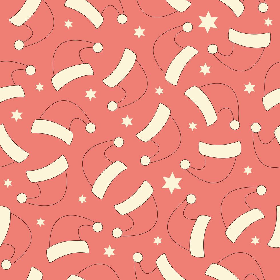 Seamless pattern with Santa Claus hat on a red background. Christmas monochrome design in style retro 70s, 80s. Vector illustration