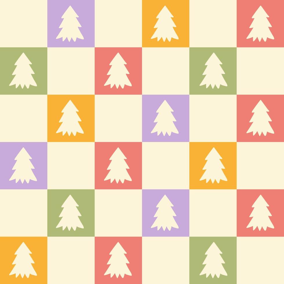 Retro groovy Christmas seamless pattern in style 60s, 70s. Trendy checkered background with geometric fir tree. Vector illustration. Pastel colors