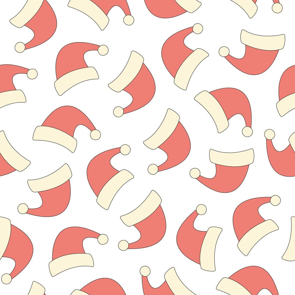 Seamless pattern with Santa Claus hat on a white background. Christmas design in style retro 70s, 80s. Vector illustration