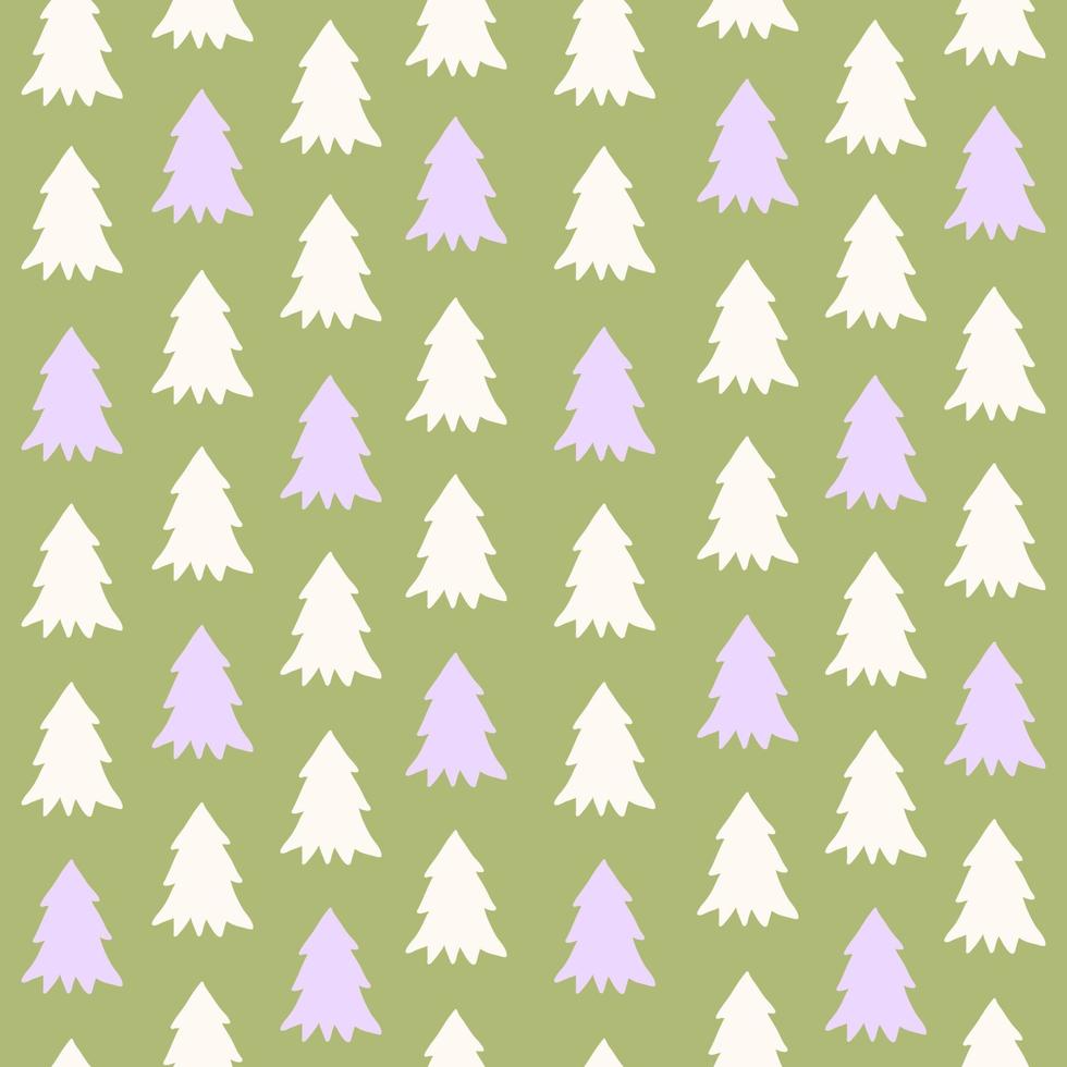 Winter forest scandinavian minimal seamless pattern with fir tree on a green background. Trendy print for wrapping paper, design, fabric, decor. Pastel colors. Vector illustration
