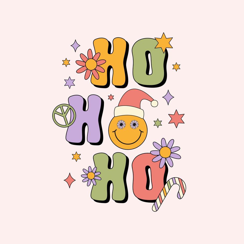Hippie Christmas vector illustration with colorful text, daisy flowers, smiling face in Santa hat. Retro groovy print in style 70s, 80s.