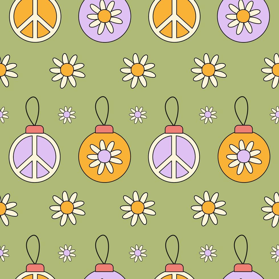 Christmas seamless pattern with retro groovy balls and daisy ...