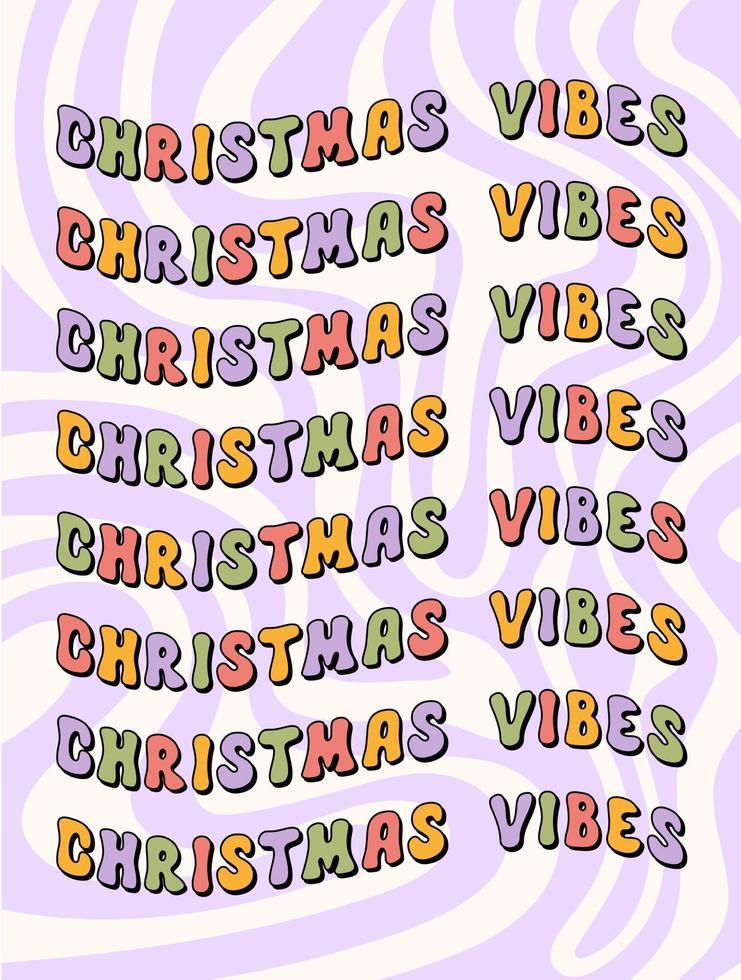 Christmas vibes colorful wavy text isolated on a pastel wavy background. Retro groovy festive slogan print design in style 60s, 70s. Vector illustration