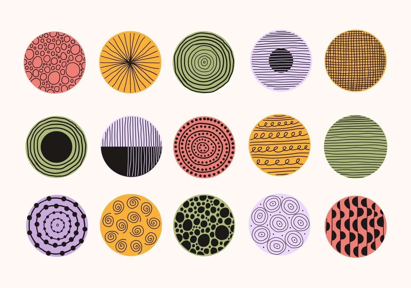 Modern abstract set round pastel shapes with black lines, circles, drops. Vector hand drawn illustration