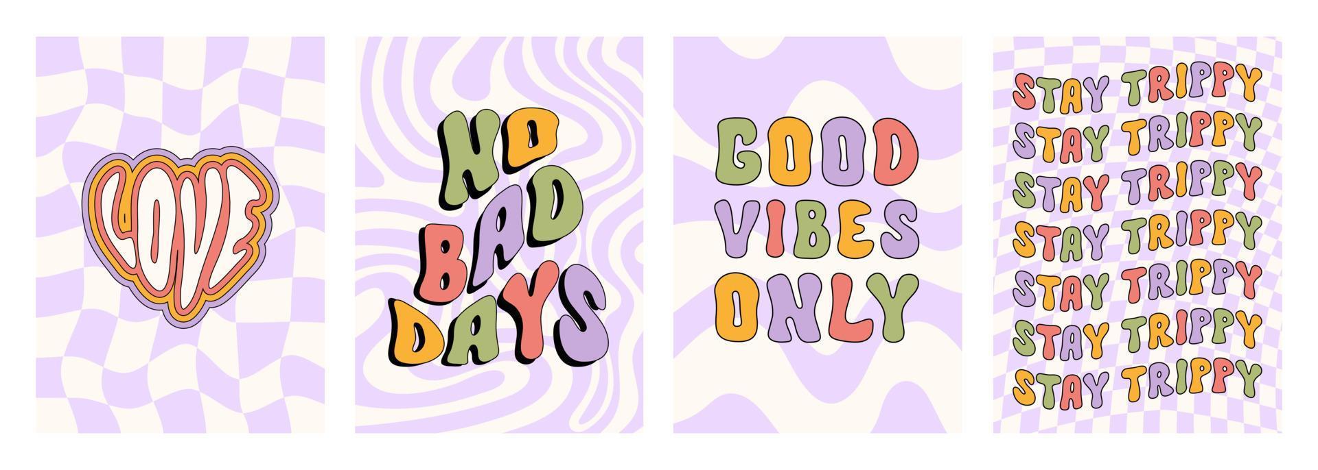 Retro groovy set wavy and checkered vertical backgrounds with text. Hippie psychedelic prints in style 70s, 80s. Pastel colors. Trendy vector illustration