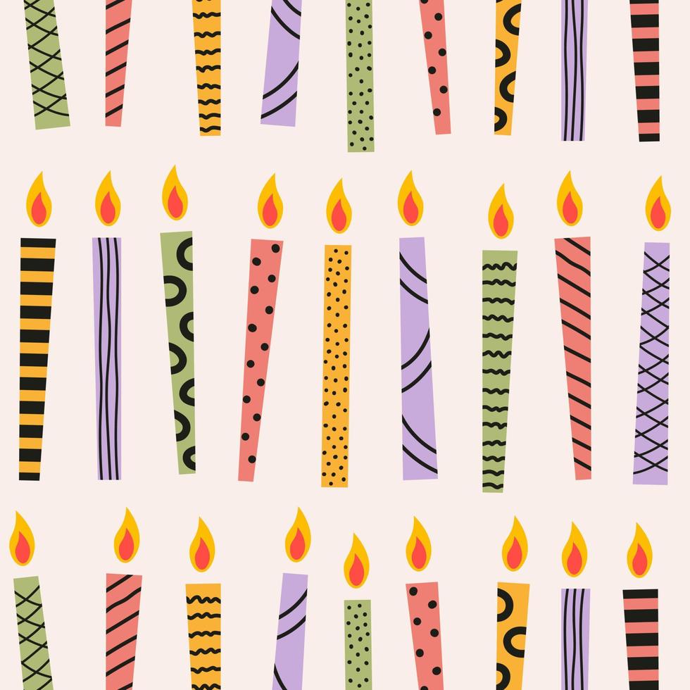 Abstract seamless pattern of birthday cake candles with lines and dots on a pastel background. Vector print for greeting postcard backdrop, festive wrapping paper for presents and gifts