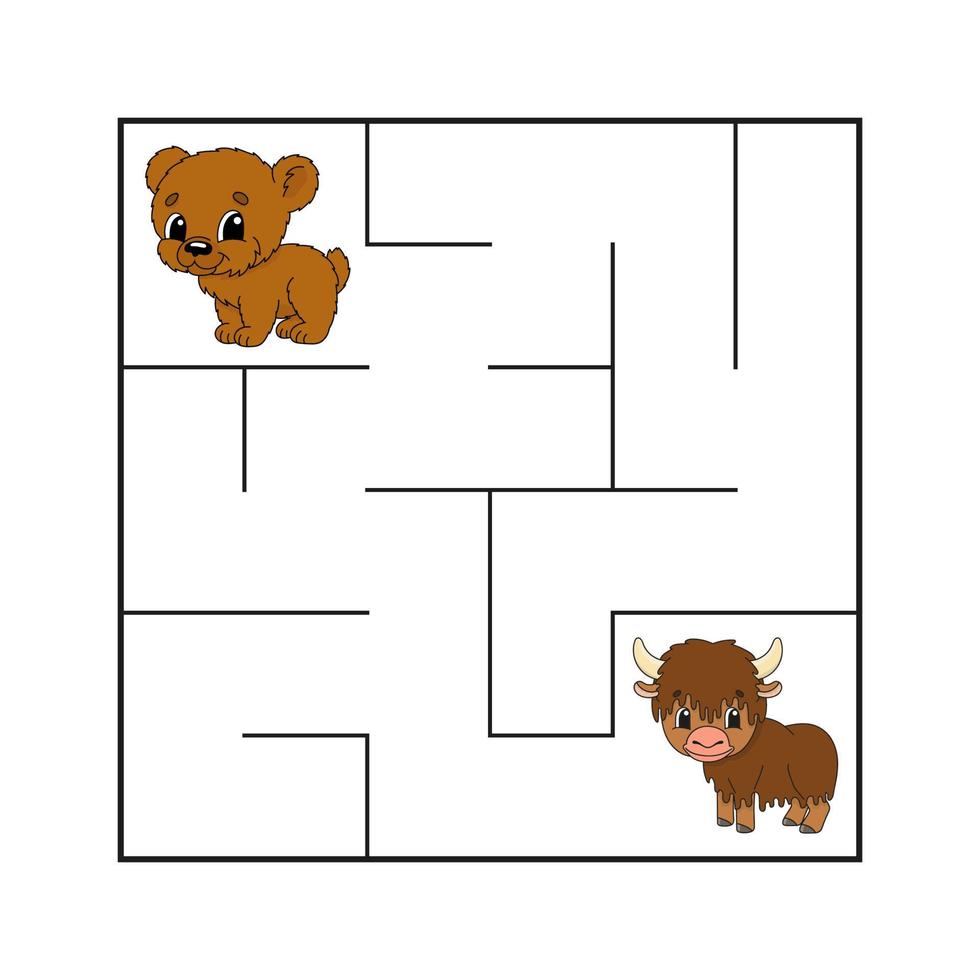 Simple square maze for toddlers. With cute cartoon characters. Isolated on white background. Vector illustration.