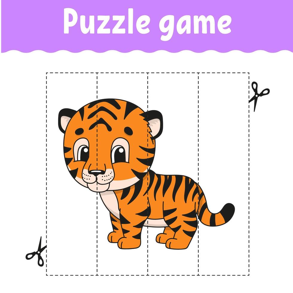 Puzzle game for kids. Cutting practice. Education developing worksheet. Activity page. cartoon character. Vector illustration.