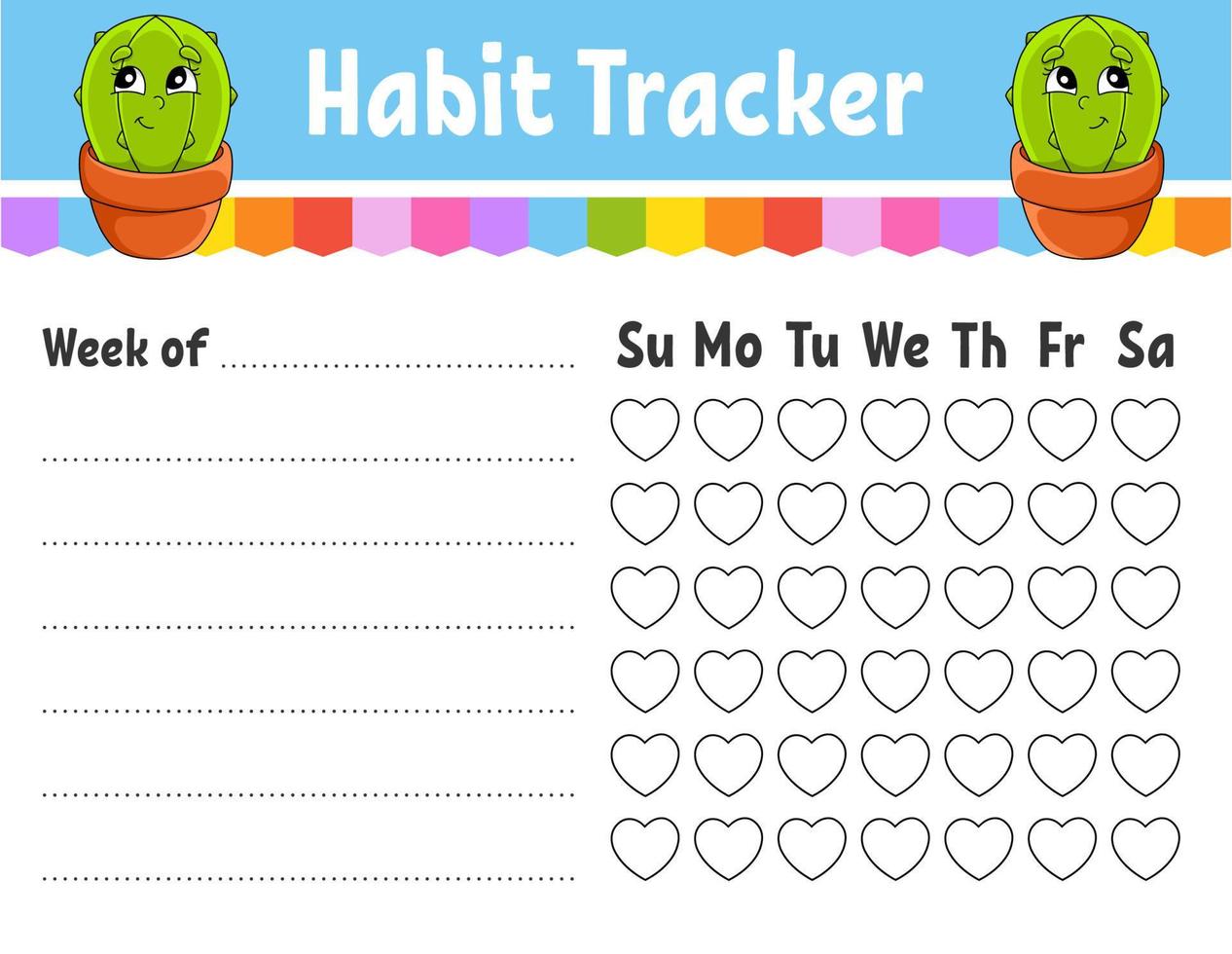 Habit tracker for kids. Sheet template for printing. With cute character. Vector illustration.