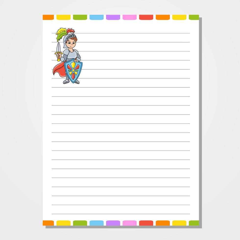 Sheet template for notebook, notepad, diary. Lined paper. Cute character. With a color image. cartoon style. Vector illustration.