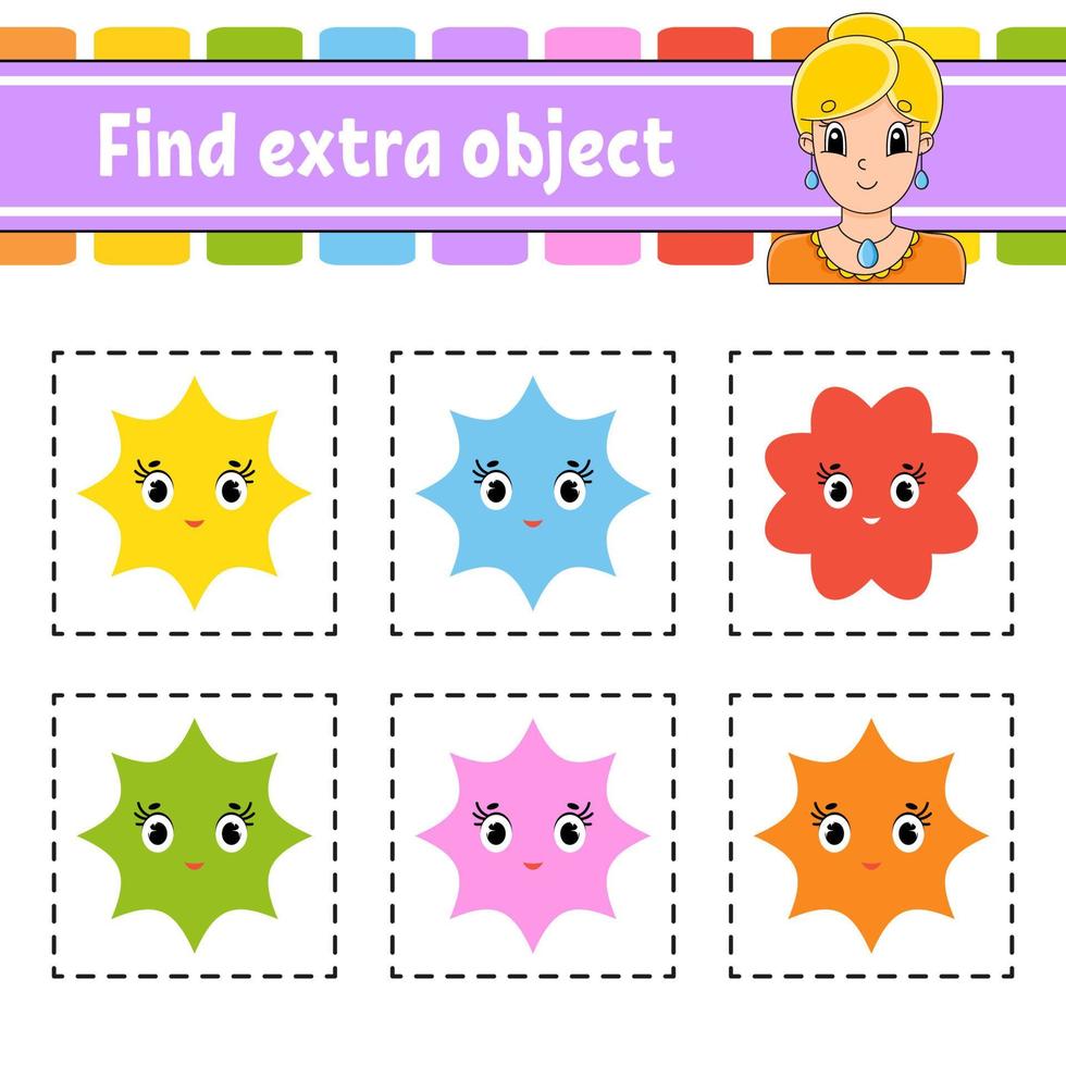 Find extra object. Educational activity worksheet for kids and toddlers. Game for children. Cute characters. Simple flat color isolated vector illustration in cartoon style.