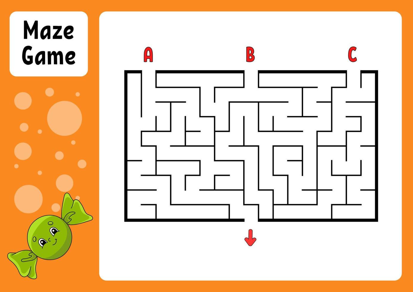 Rectangle maze. Game for kids. Three entrances, one exit. Education worksheet. Puzzle for children. Labyrinth conundrum. Find the right path. cartoon character. Vector illustration.