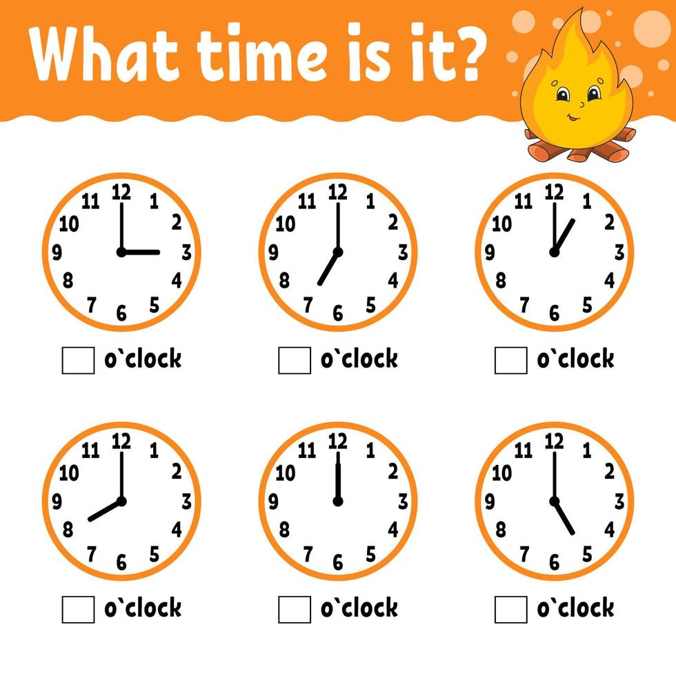 Learning time on the clock. Educational activity worksheet for kids and toddlers. Game for children. Simple flat isolated color vector illustration in cute cartoon style.