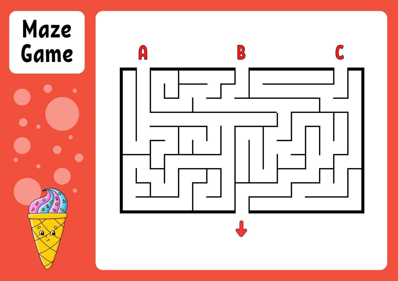 Rectangle maze. Game for kids. Three entrances, one exit. Education worksheet. Puzzle for children. Labyrinth conundrum. Find the right path. cartoon character. Vector illustration.