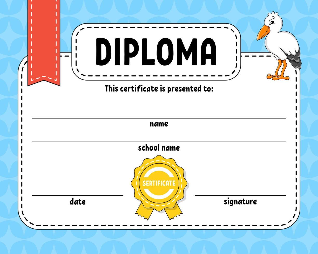 Diploma sertificate template. For school and preschool. For kids and children. Vector illustration.