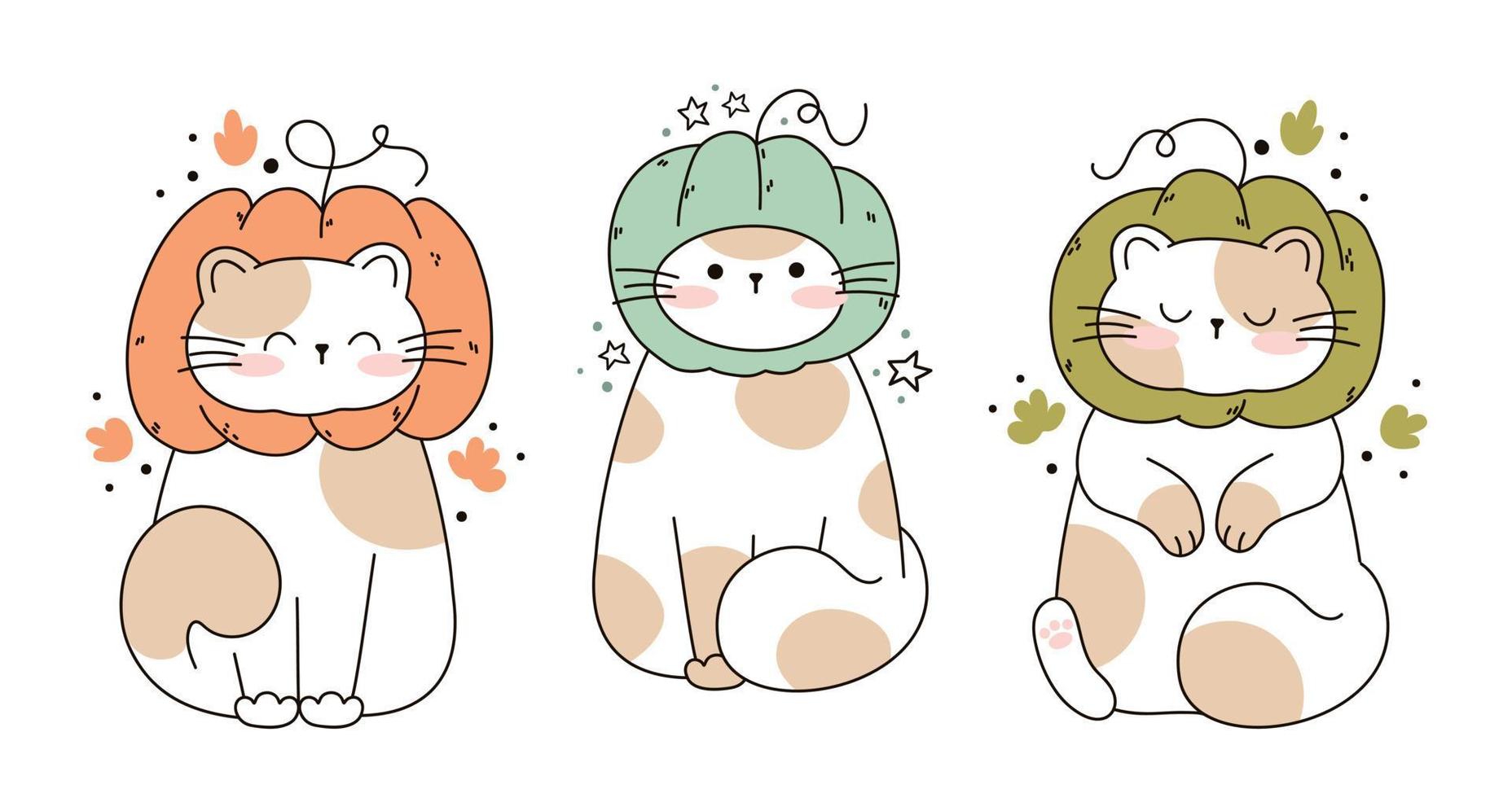 dibujar gatos graciosos sentados en una calabaza gato kawaii con calabaza para acción de gracias y colección de personajes de gato de ilustración vectorial de otoño. estilo de dibujos animados de fideos. vector