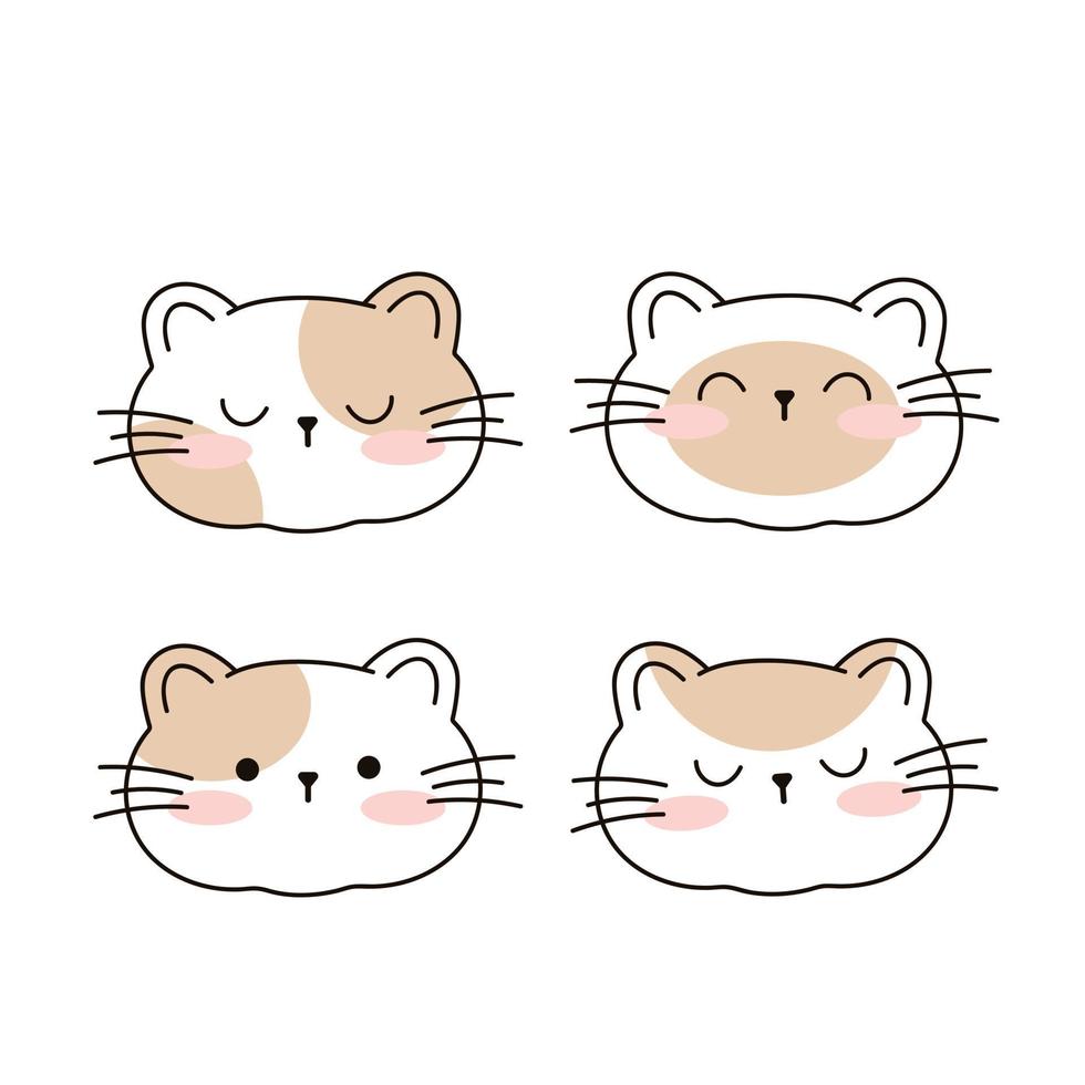 Draw Cute cats faces greeting card kawaii design Doodle cartoon style. vector