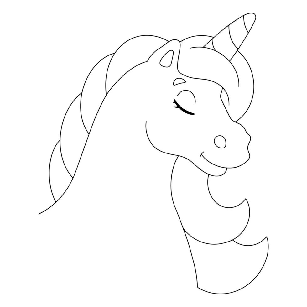 Horse unicorn head. Coloring page for kids. Digital stamp. Cartoon style character. Vector illustration isolated on white background.