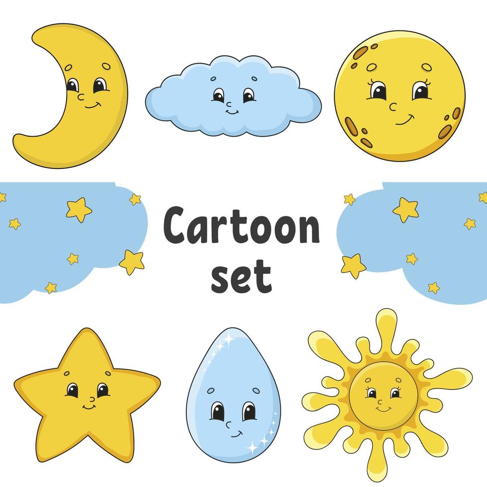 Set of stickers with cute cartoon characters. Hand drawn. Colorful pack. Vector illustration. Patch badges collection for kids. For daily planner, organizer, diary.