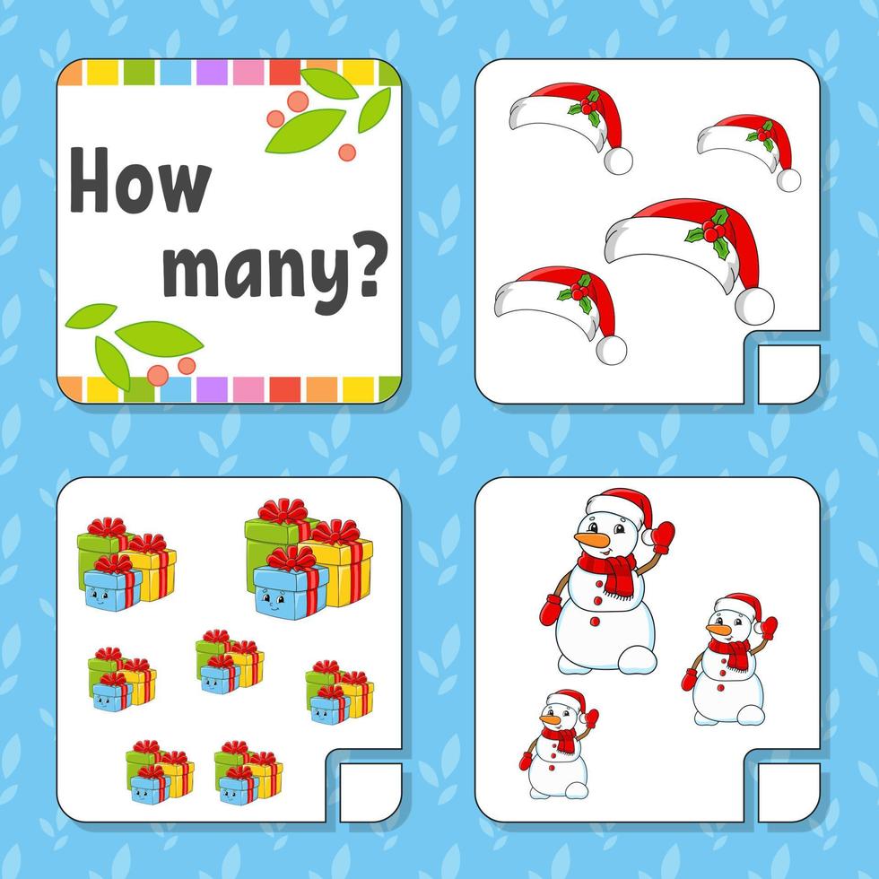 Counting game for children. Happy characters. Learning mathematics. How many object in the picture. Education worksheet. Christmas theme. Isolated vector illustration in cute cartoon style.