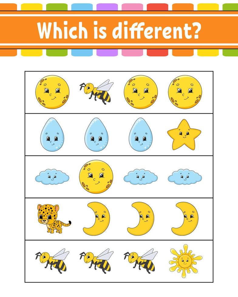 Which is different. Educational activity worksheet for kids and toddlers. Game for children. Vector illustration.