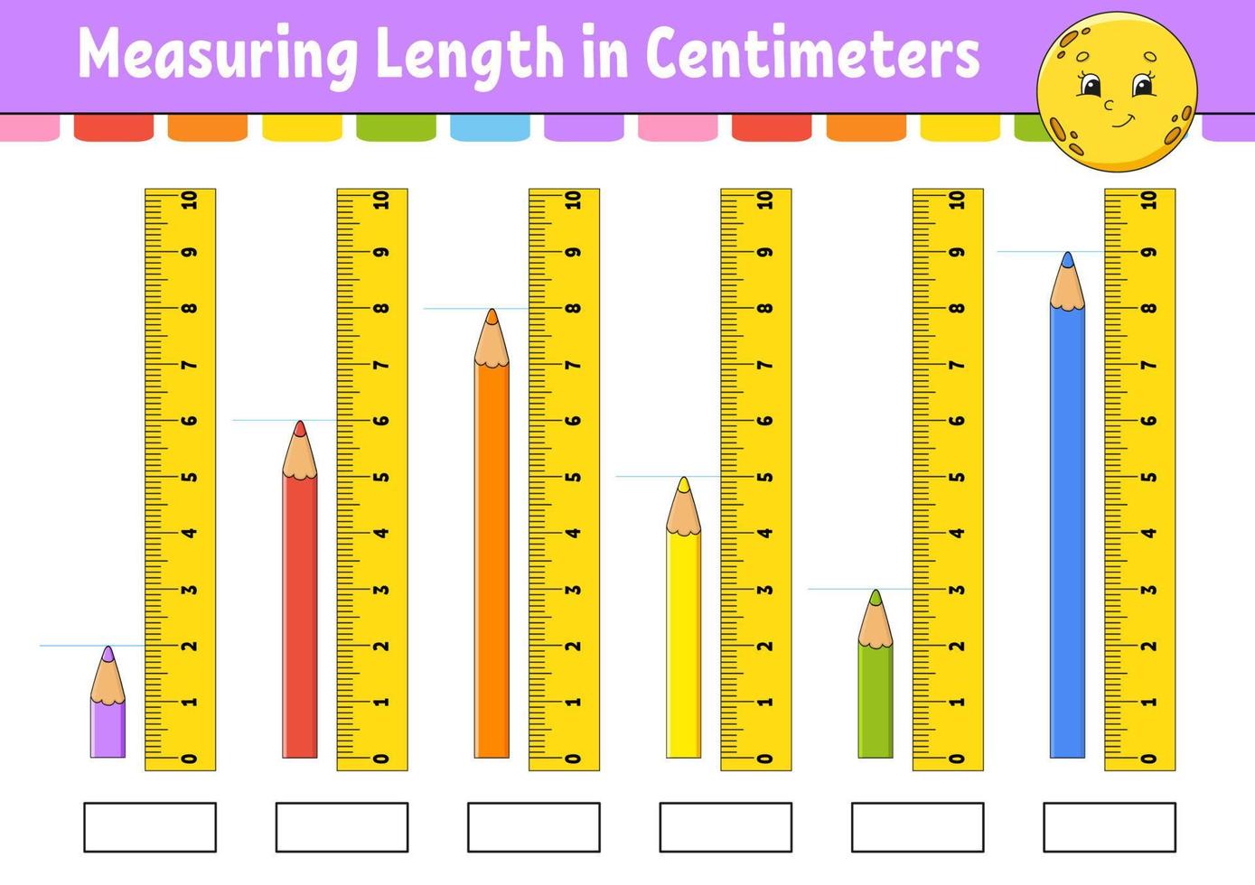 Measuring length in centimeter with ruler. Education developing worksheet. Game for kids. Color activity page. Puzzle for children. Cute character. Vector illustration. cartoon style.