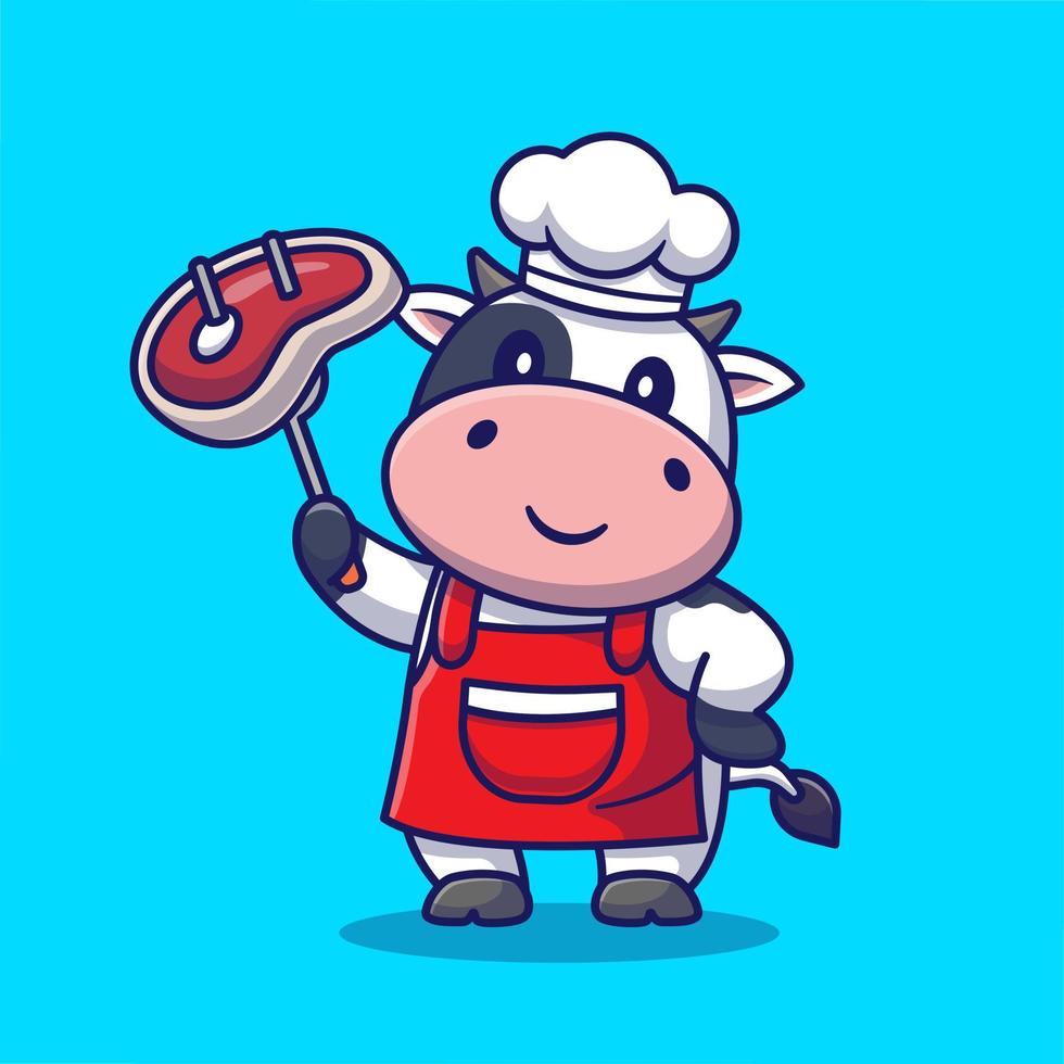 lindo chef vaca parrilla carne dibujos animados vector icono ilustración. concepto de icono de comida animal vector premium aislado. estilo de dibujos animados plana