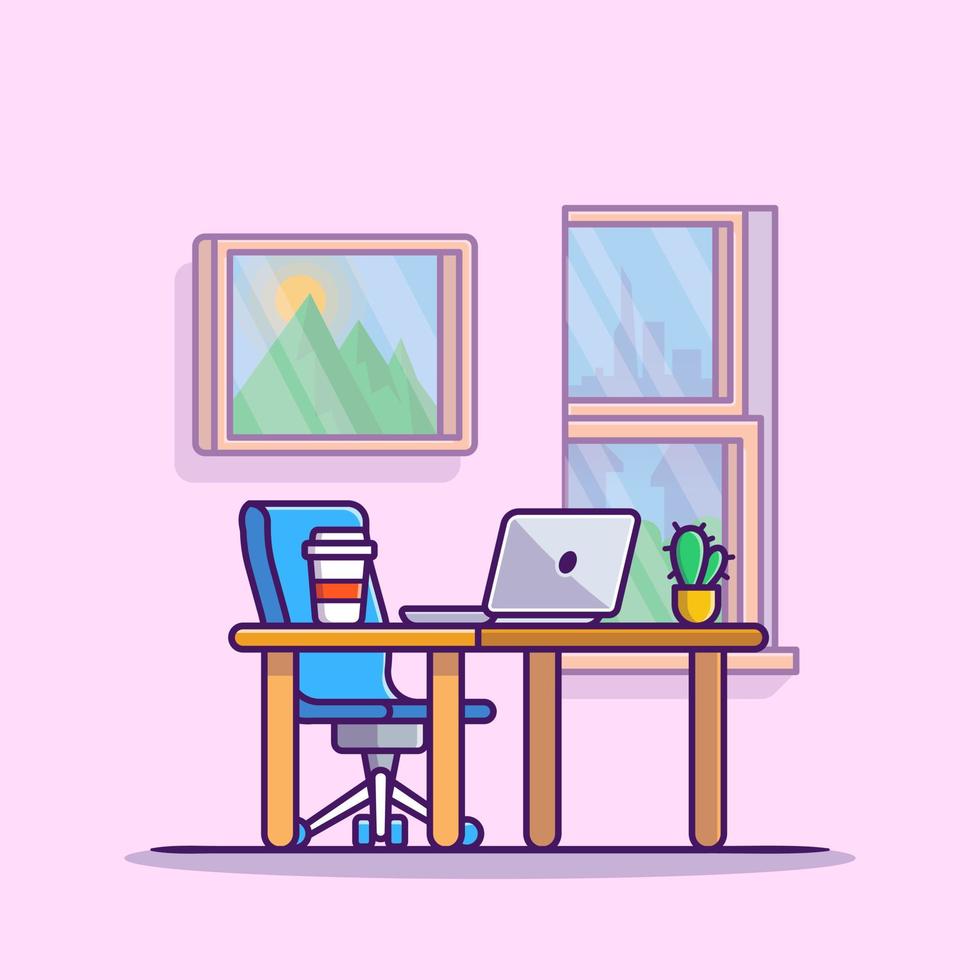 Workspace Laptop With Coffee And Plant Cartoon Vector Icon Illustration. Workplace Technology Icon Concept Isolated Premium Vector. Flat Cartoon Style