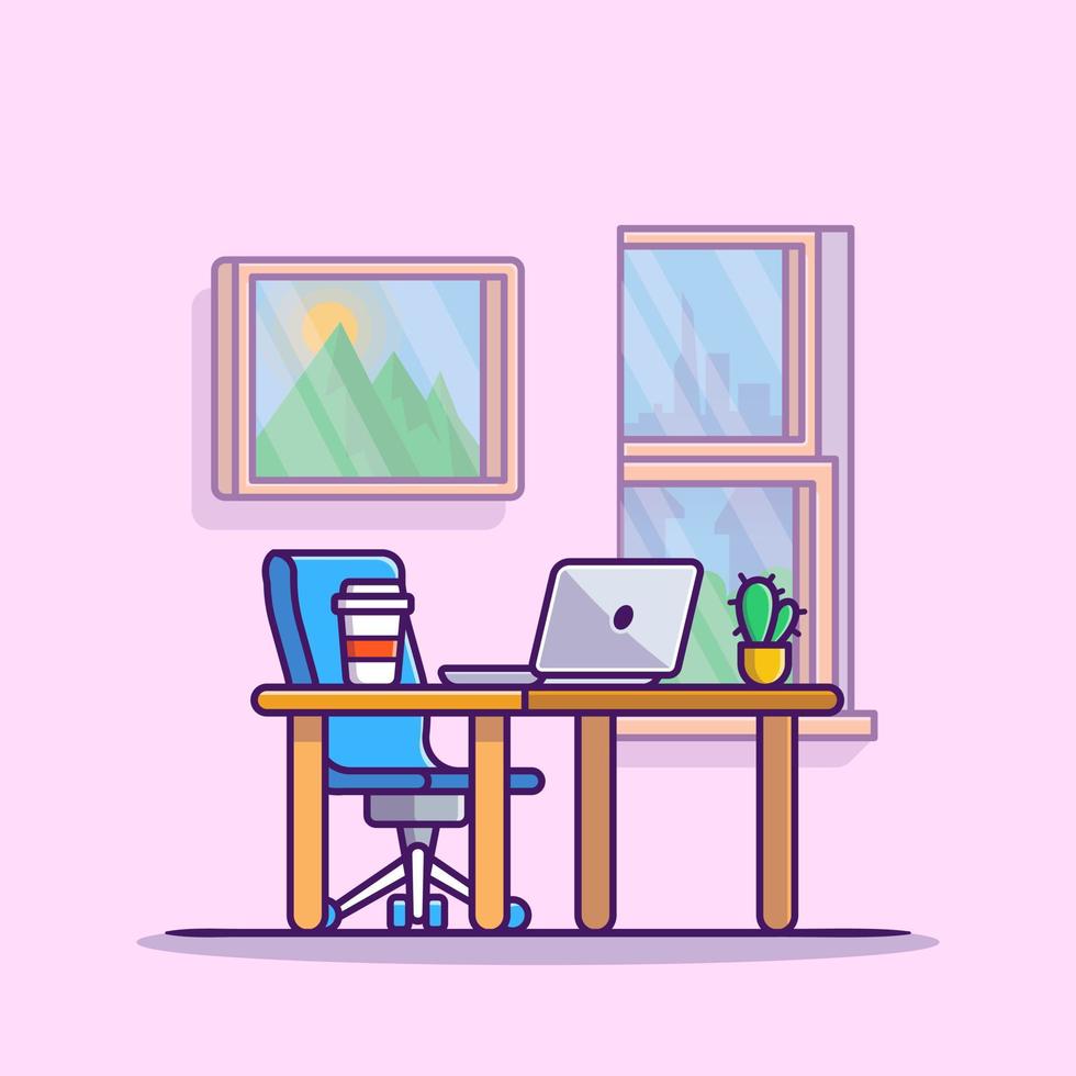 portátil de espacio de trabajo con ilustración de icono de vector de dibujos animados de café y planta. concepto de icono de tecnología de lugar de trabajo vector premium aislado. estilo de dibujos animados plana