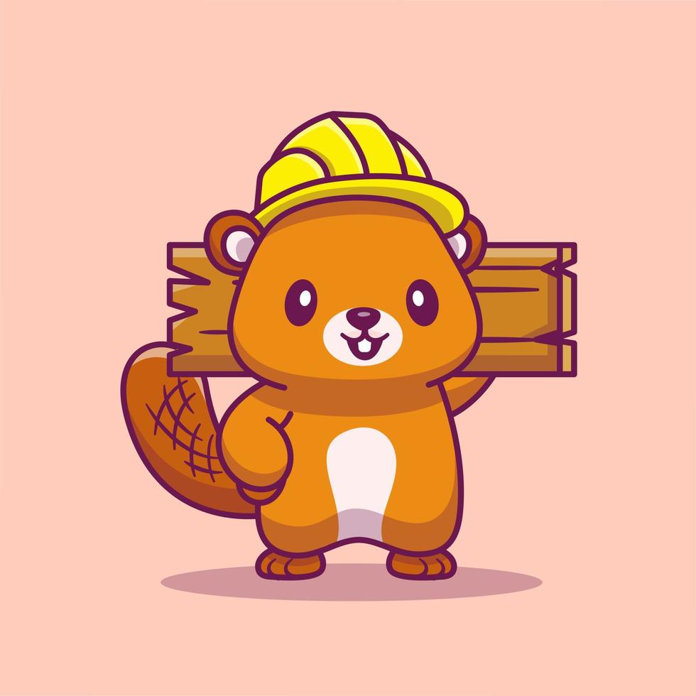 Cute Beaver Handyman Holding Wood Cartoon Vector Icon Illustration. Animal Character Icon Concept Isolated Premium Vector. Flat Cartoon Style