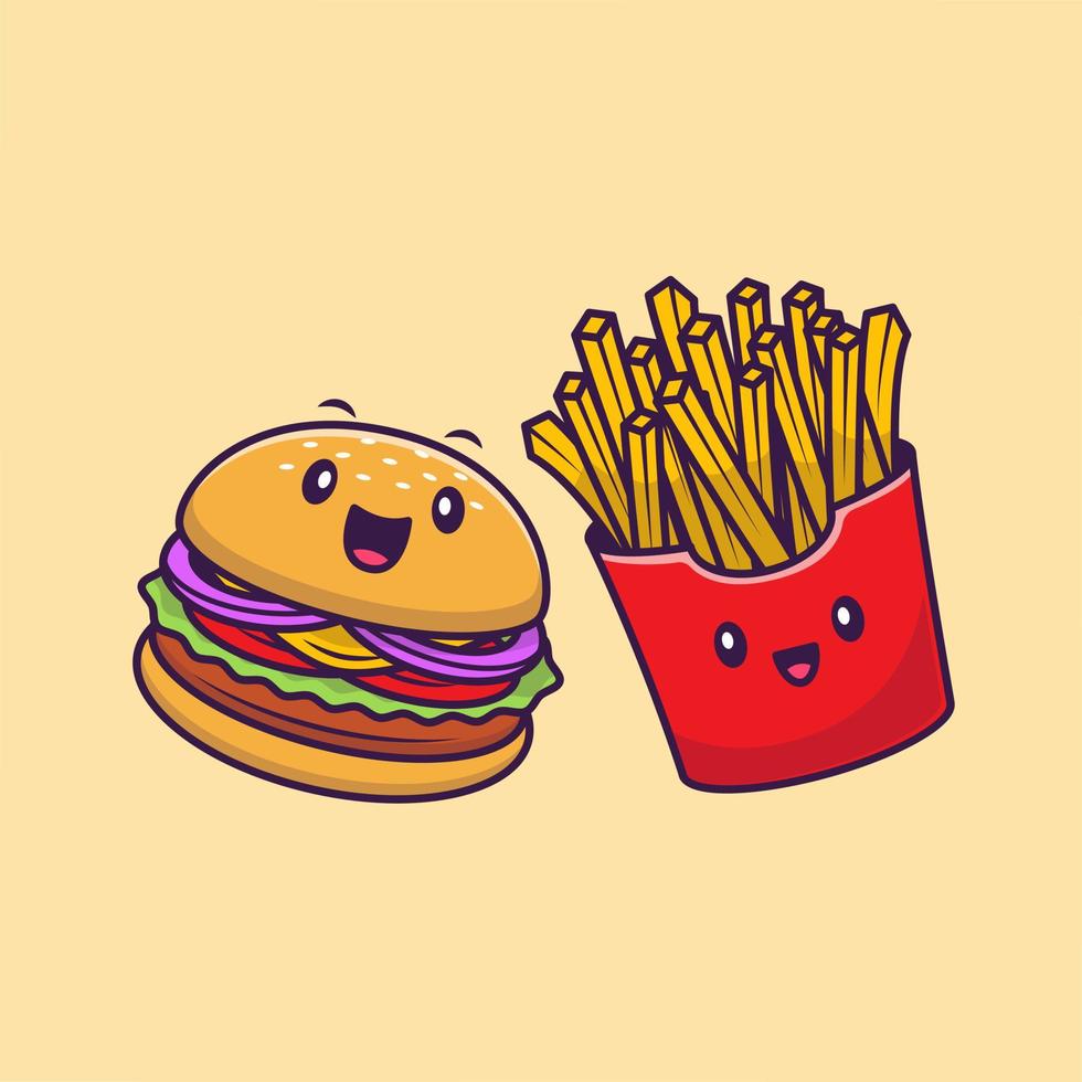 Cute Burger And French Fries Cartoon Vector Icon Illustration. Fast Food Character Icon Concept Isolated Premium Vector. Flat Cartoon Style