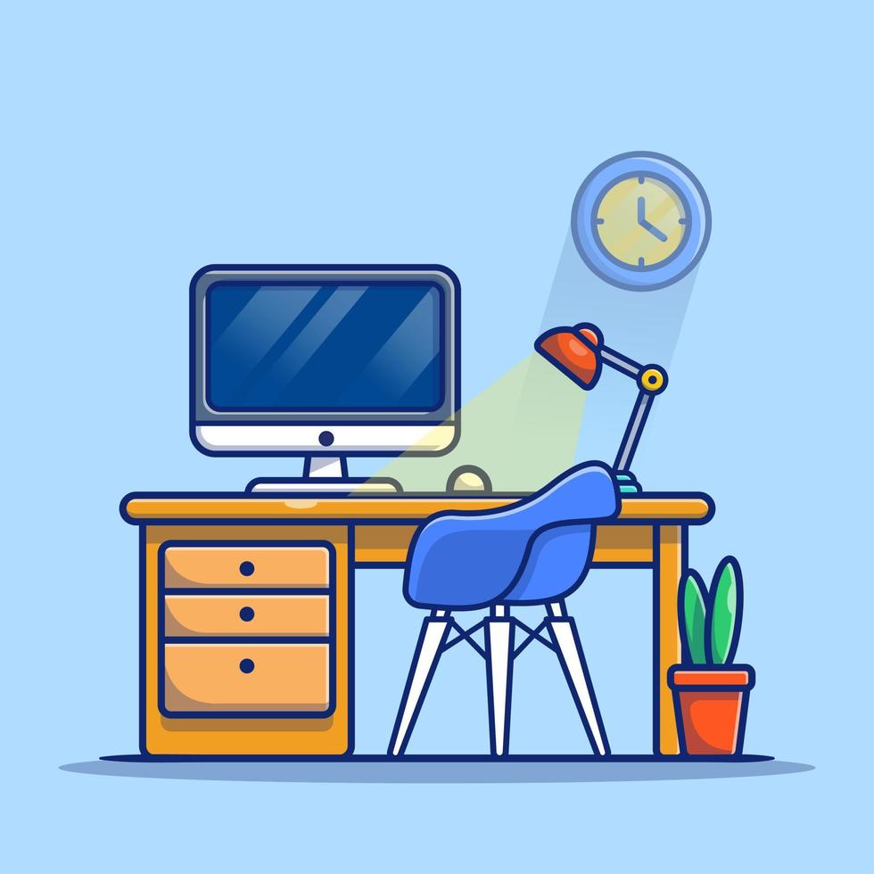 Workspace Computer With Lamp And Plant Cartoon Vector Icon Illustration. Workplace Technology Icon Concept Isolated Premium Vector. Flat Cartoon Style