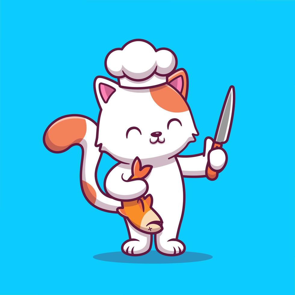 Cute Chef Cat Holding Fish And Knife Cartoon Vector Icon Illustration. Food Animal Food Icon Concept Isolated Premium Vector. Flat Cartoon Style