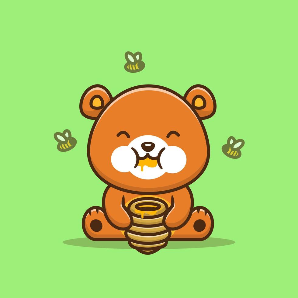Cute Bear Eating Honey With Bee Cartoon Vector Icon Illustration. Animal Food Icon Concept Isolated Premium Vector. Flat Cartoon Style