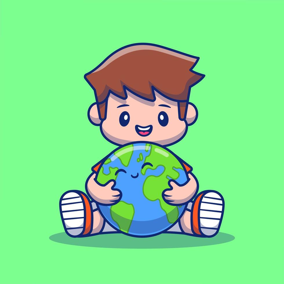Boy Hugging Cute Earth Cartoon Vector Icon Illustration. People Earth Icon Concept Isolated Premium Vector. Flat Cartoon Style