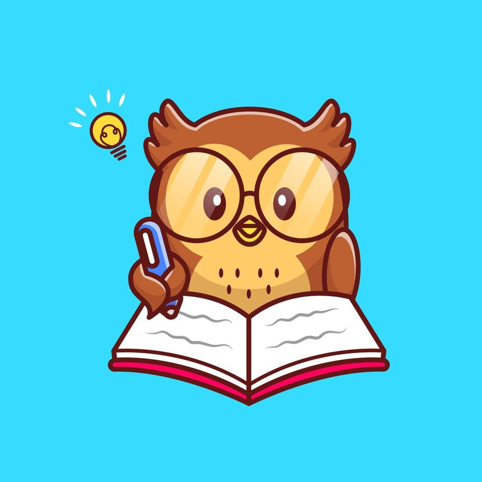 Cute Owl Writing On Book With Pen Cartoon Vector Icon Illustration. Animal Education Icon Concept Isolated Premium Vector. Flat Cartoon Style