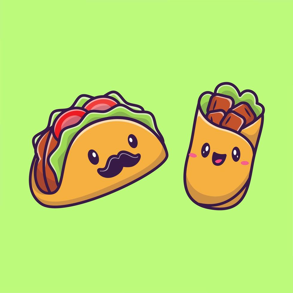 Cute Taco And Burrito Food Cartoon Vector Icon Illustration. Fast Food Character Icon Concept Isolated Premium Vector. Flat Cartoon Style