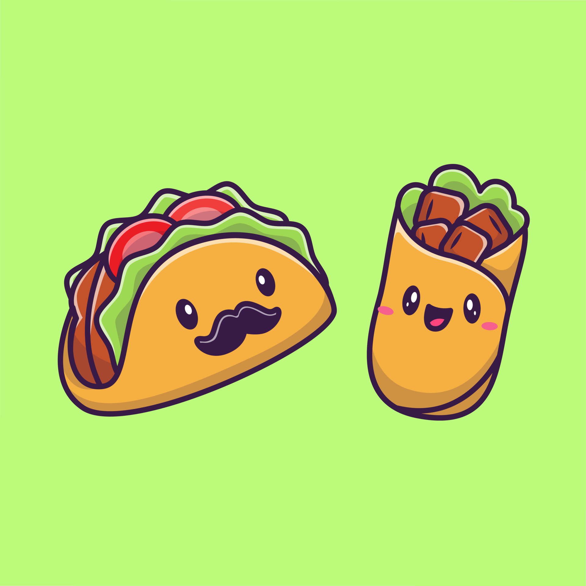 Cute Taco And Burrito Food Cartoon Vector Icon Illustration. Fast Food