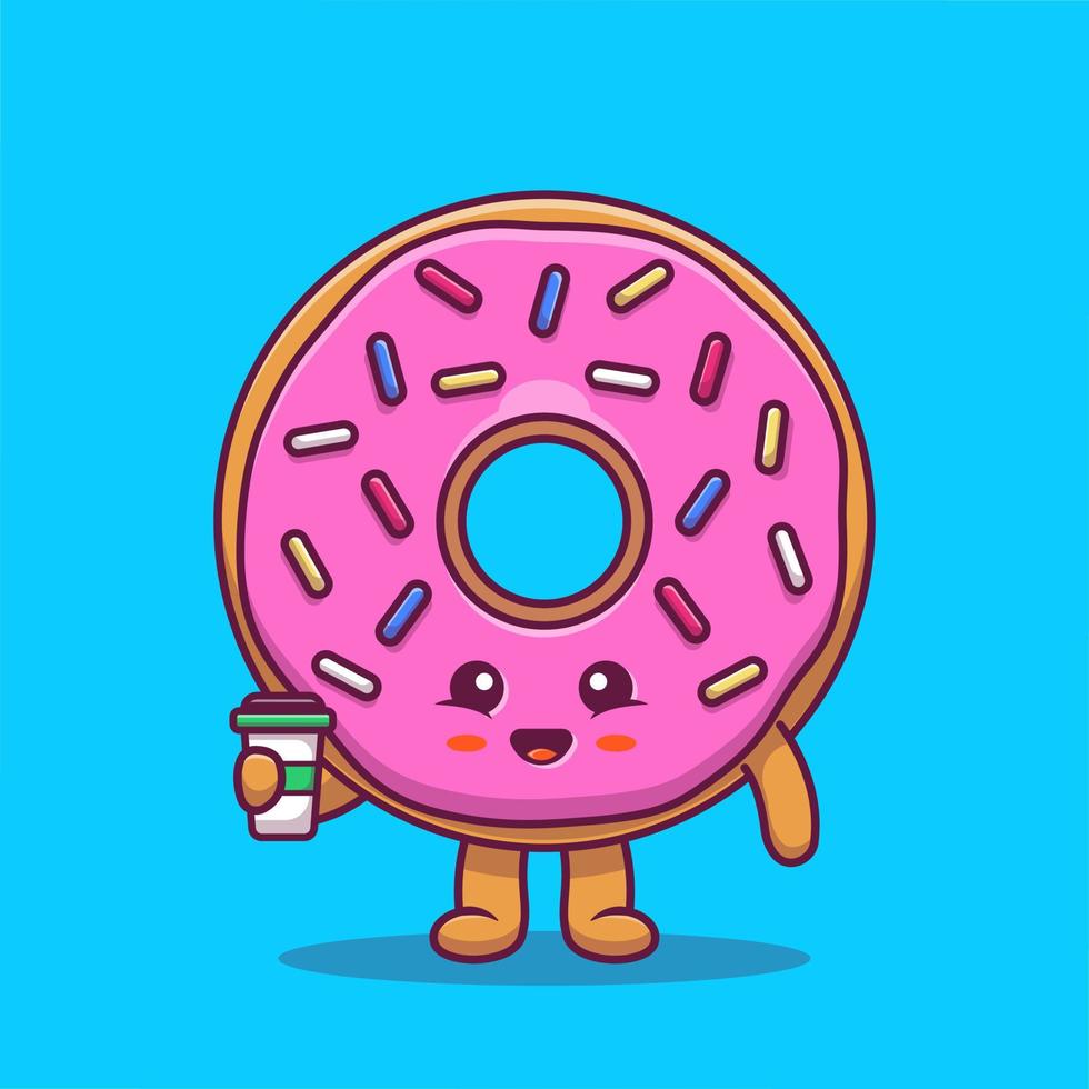 Cute Donut Holding Coffee Cartoon Vector Icon Illustration. Food Character Icon Concept Isolated Premium Vector. Flat Cartoon Style