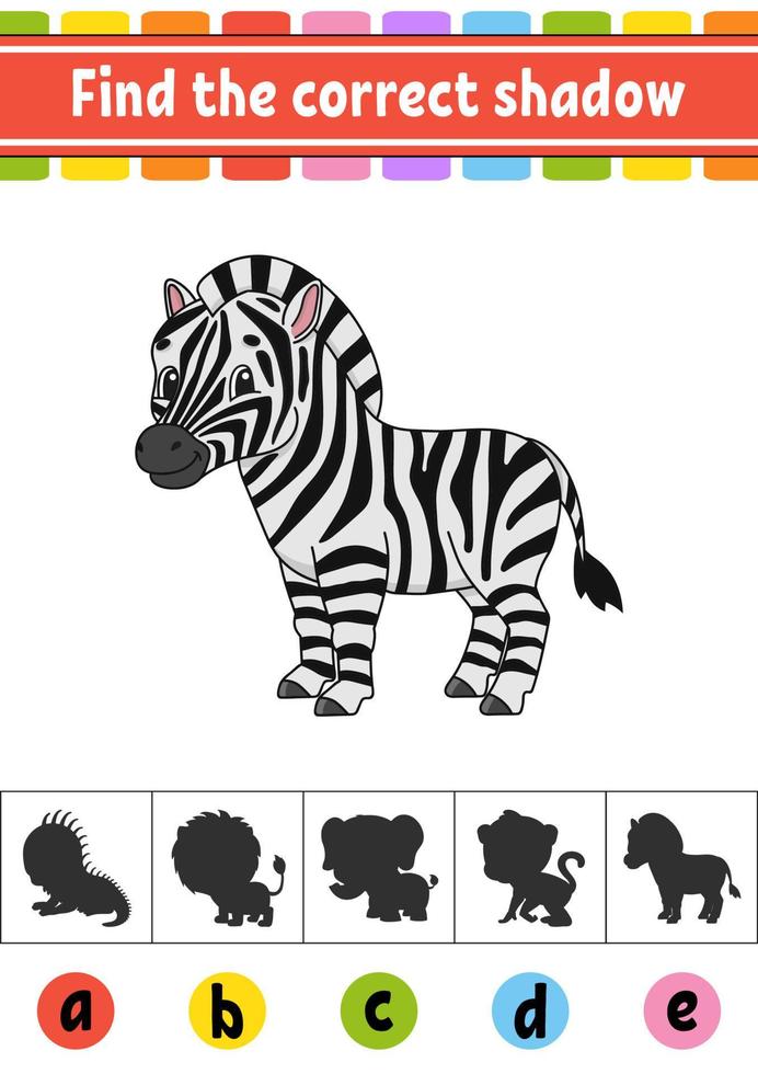 Find the correct shadow. Education developing worksheet. Activity page. Color game for children. Cartoon character. Vector illustration.