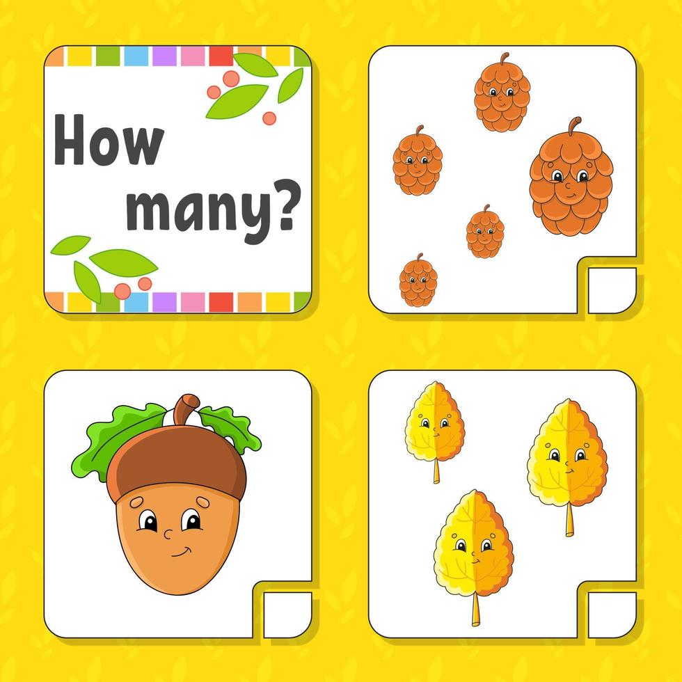 Counting game for children. Happy characters. Learning mathematics. How many object in the picture. Education worksheet. With space for answers. Vector illustration.