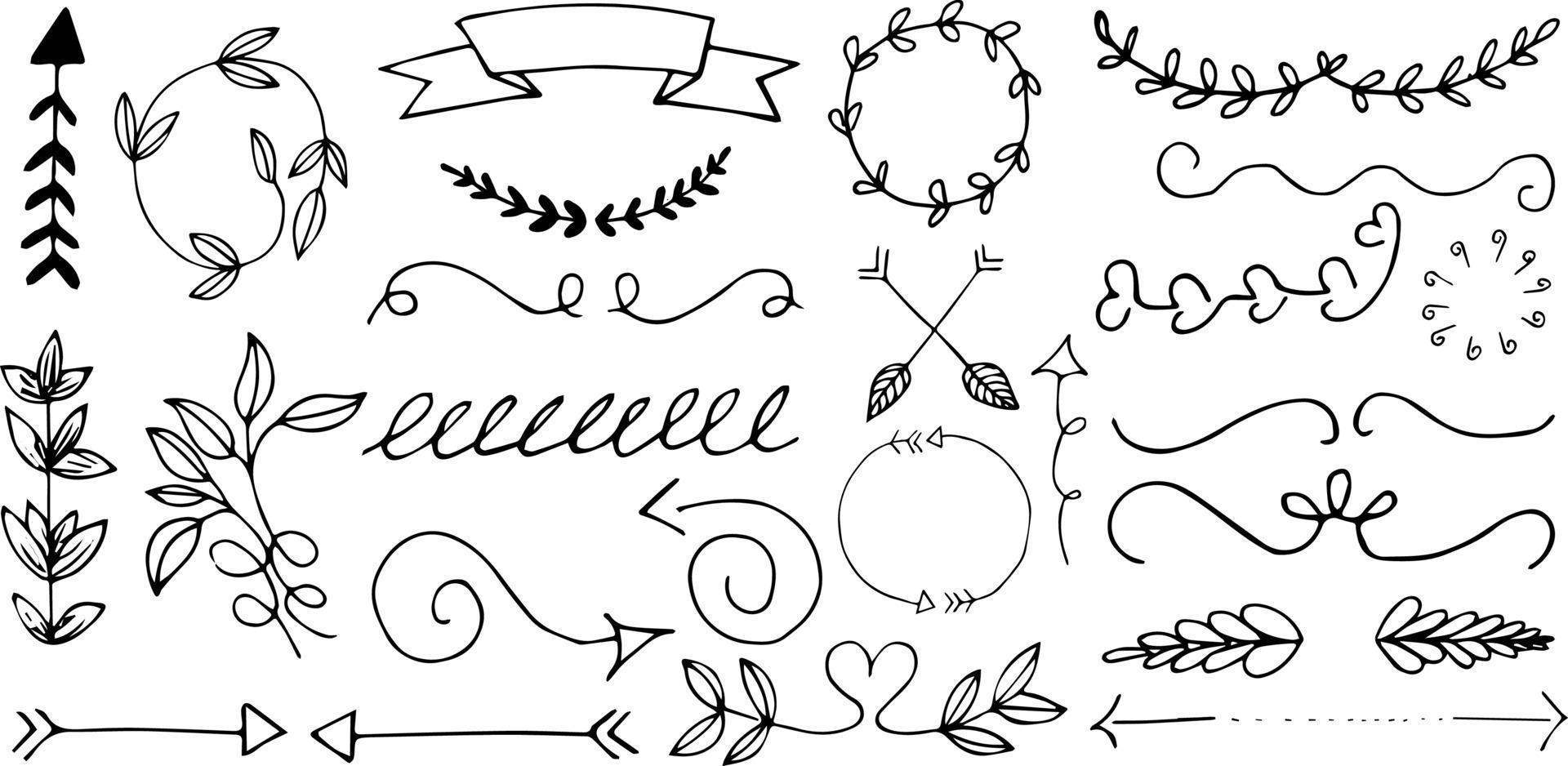 Decoration Leaf Arrow Hand Drawn Vector Illustration Objects Set