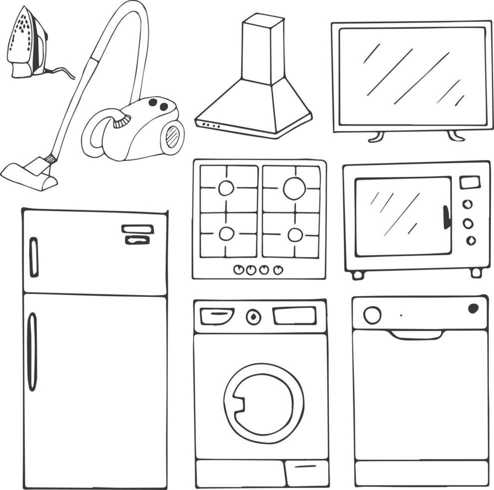 electrodomésticos dibujados a mano ilustración vectorial conjunto de objetos vector