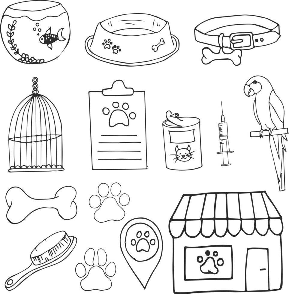 Pet Shop Hand Drawn Vector Illustration Objects Set