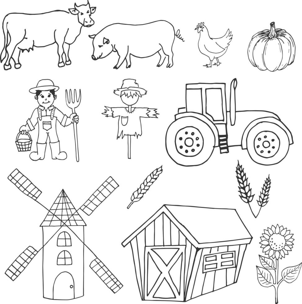 Cartoon Farm Hand Drawn Vector Illustration Objects Set