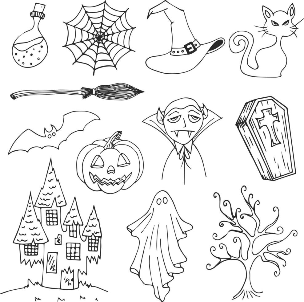 Halloween Hand Drawn Vector Illustration Objects Set