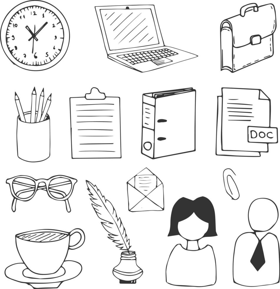 Office Work Hand Drawn Vector Illustration Objects Set