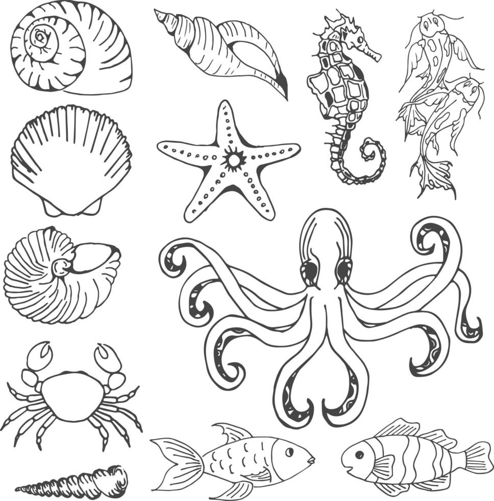 Cartoon Underwater Hand Drawn Vector Illustration Objects Set