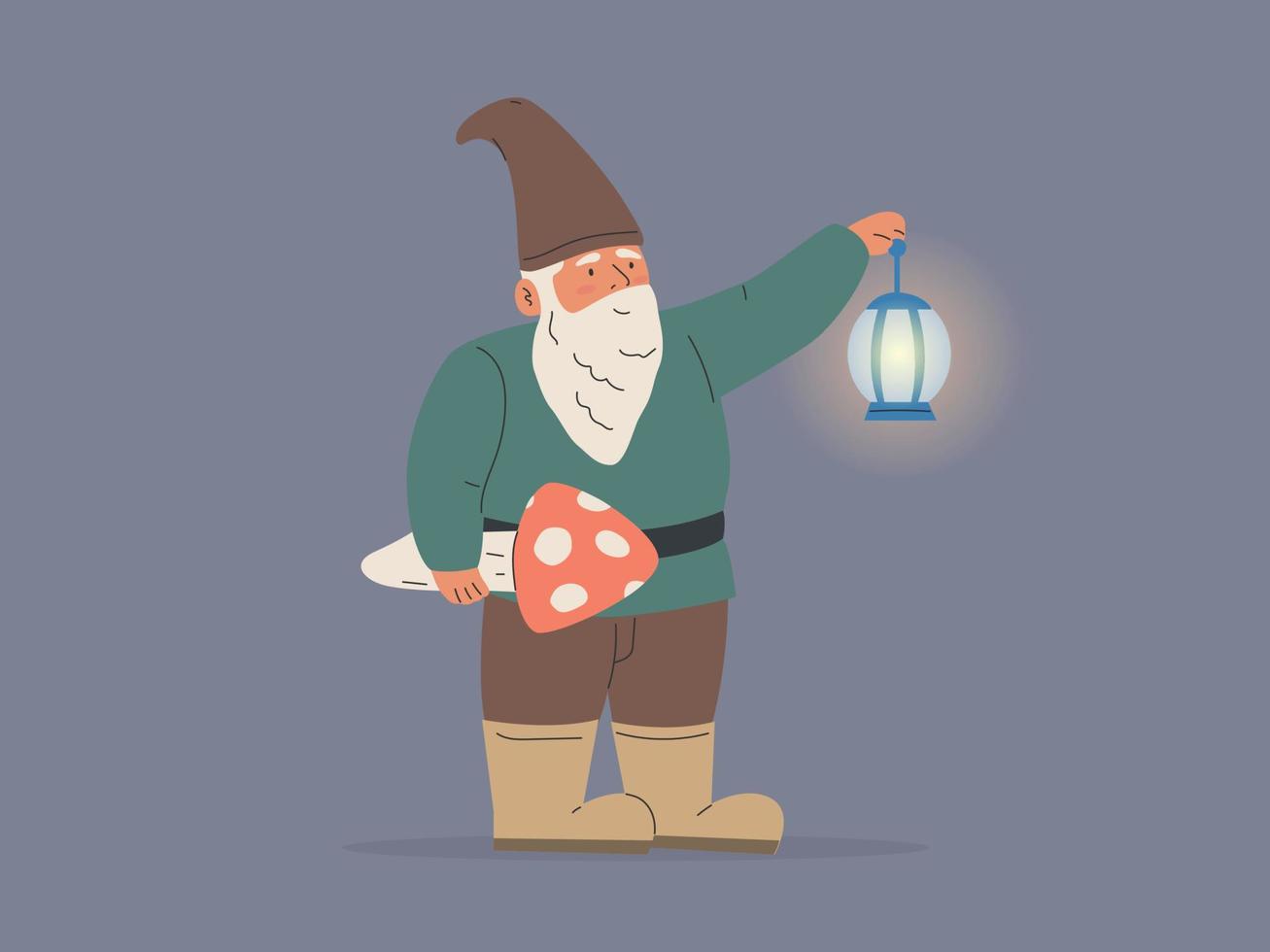 Handrawn garden gnome with lantern and mushroom vector